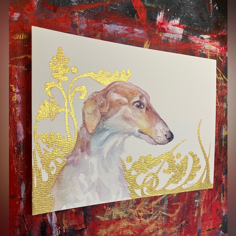 Original Painting Borzoi Dog watercolor Gold accents Floral Art Artettina